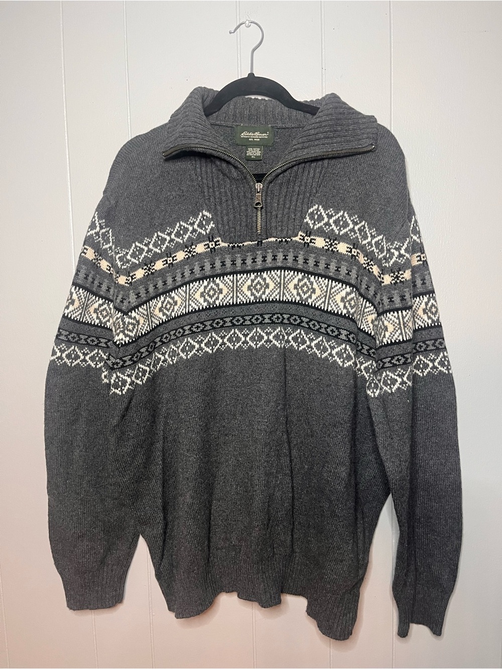 Eddie Bauer Men’s Gray Fair Isle Half-Zip Sweater